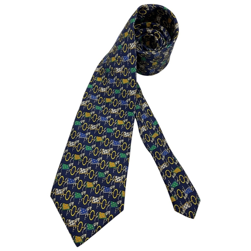 LANCEL Navy Horse Chain Silk LUXURY Tie HANDMADE ITALY